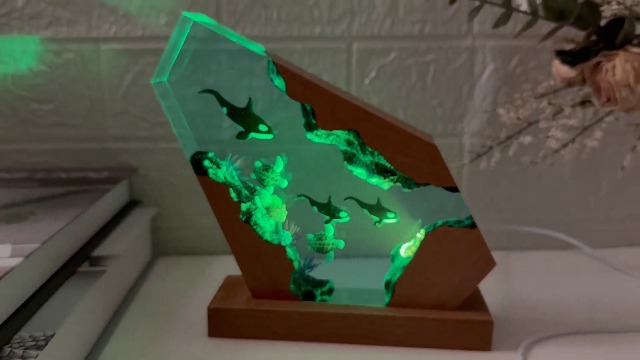 MASDEC Orca Ocean Resin Lamp, Handmade Wooden Table Resin Night