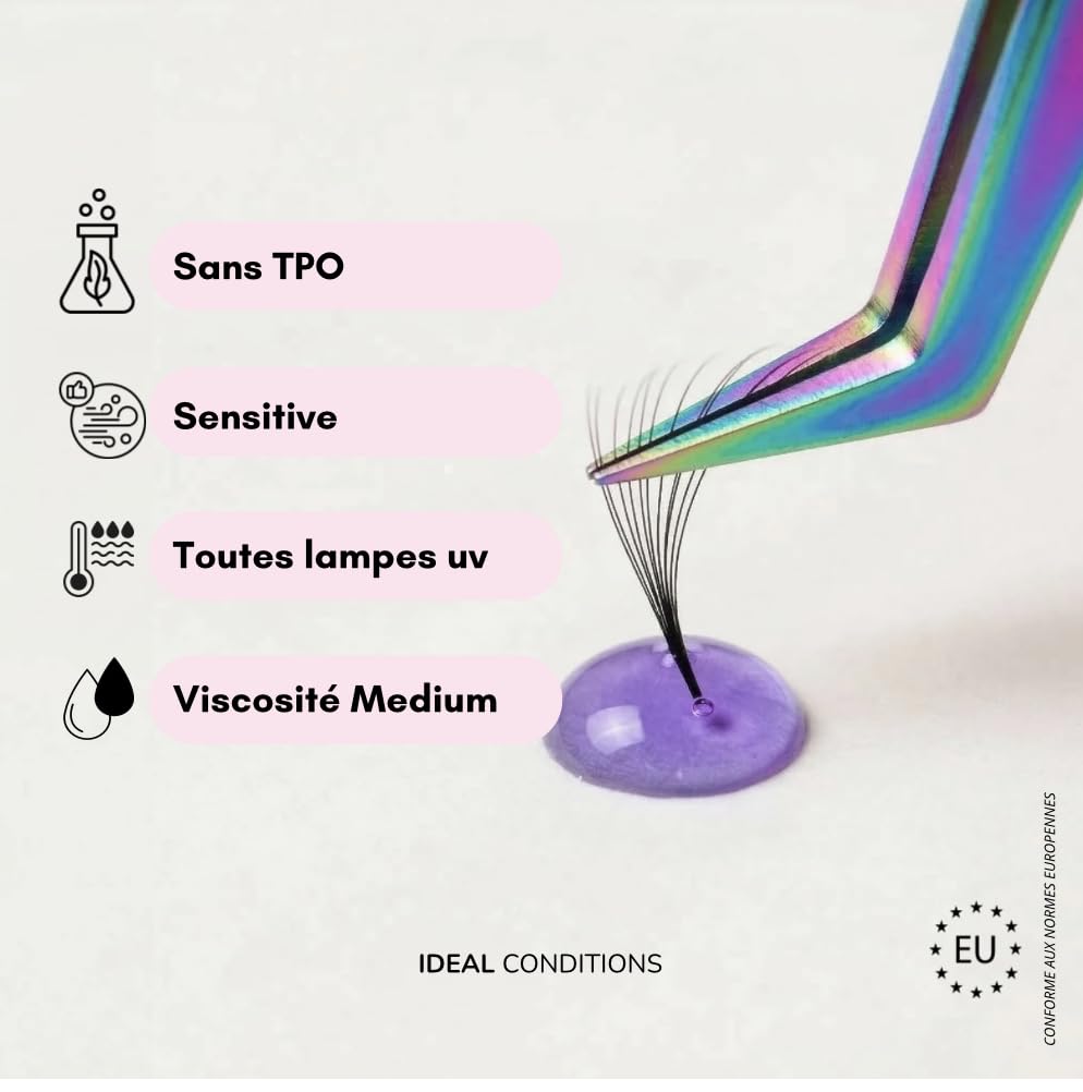 Colle UV pour extensions de cils en 1 seconde - Étanche jusqu'à ce que les cils tombent - Seule une utilisation professionnelle doit être utilisée avec une lumière UV (5 ml transparent purple)