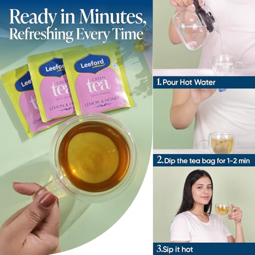 Image of Leeford Lemon & Honey Green Tea - Pack of 2 (30 Tea Bags Each) | Refreshing Herbal Blend | Rich in Antioxidants | Supports Immunity & Metabolism | Zero Calories | Natural Detox Drink