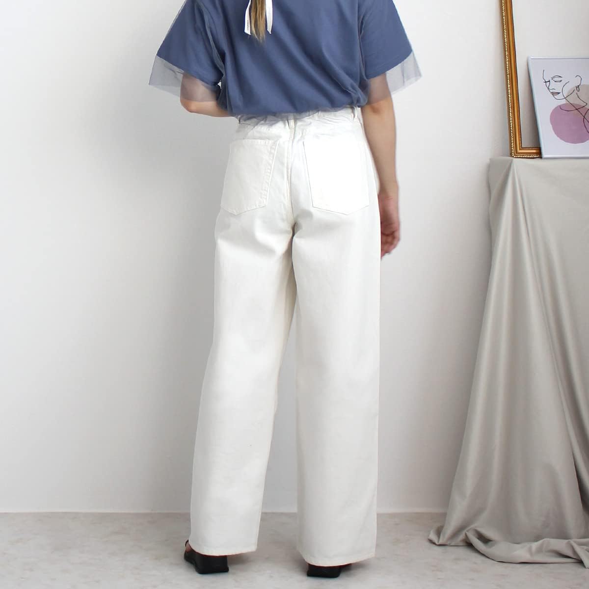 [セレクトリベリー] ワイドパンツ レディース ジーンズ デニム フルレングス ロング丈 程よい厚み 脚長効果 スッキリ魅え 大きいサイズ ウエストゴム 女性 主婦 S～LL 春 夏 秋 冬 通勤 E-4842