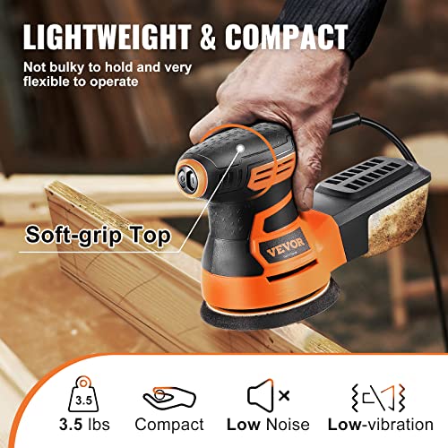 Vevor Random Orbit Sander, 3A 350W Orbital Sander, 6 Speeds 13000 Opm 5" Palm Sander With 2Pcs Hook-And-Loop Sanding Discs & Vacuum Connector, For Woodworking, Detailing, Finishing #TOP5