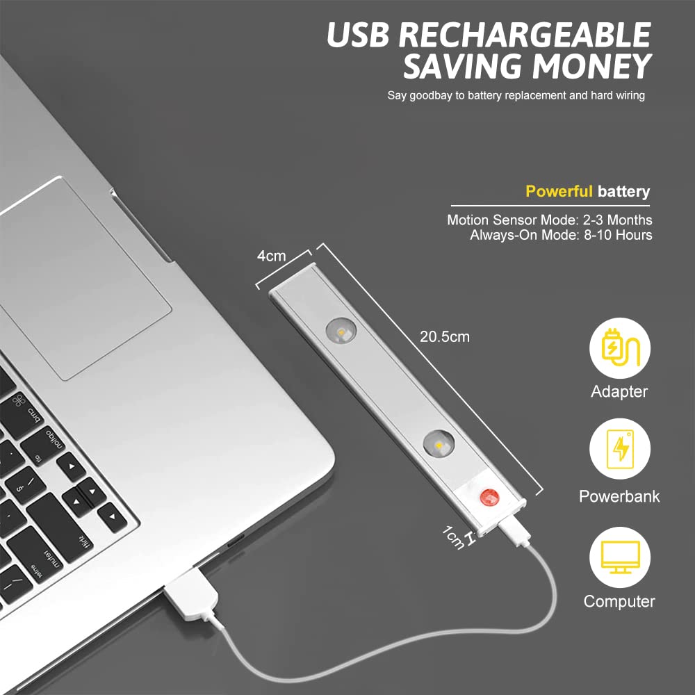 20 cm Under Cupboard Kitchen Lights with Motion Sensor LED Sensor Light Indoor USB Rechargeable Cabinet Lights Fully Dimmable Wireless Night Light for Kitchen Bedroom - Image 4
