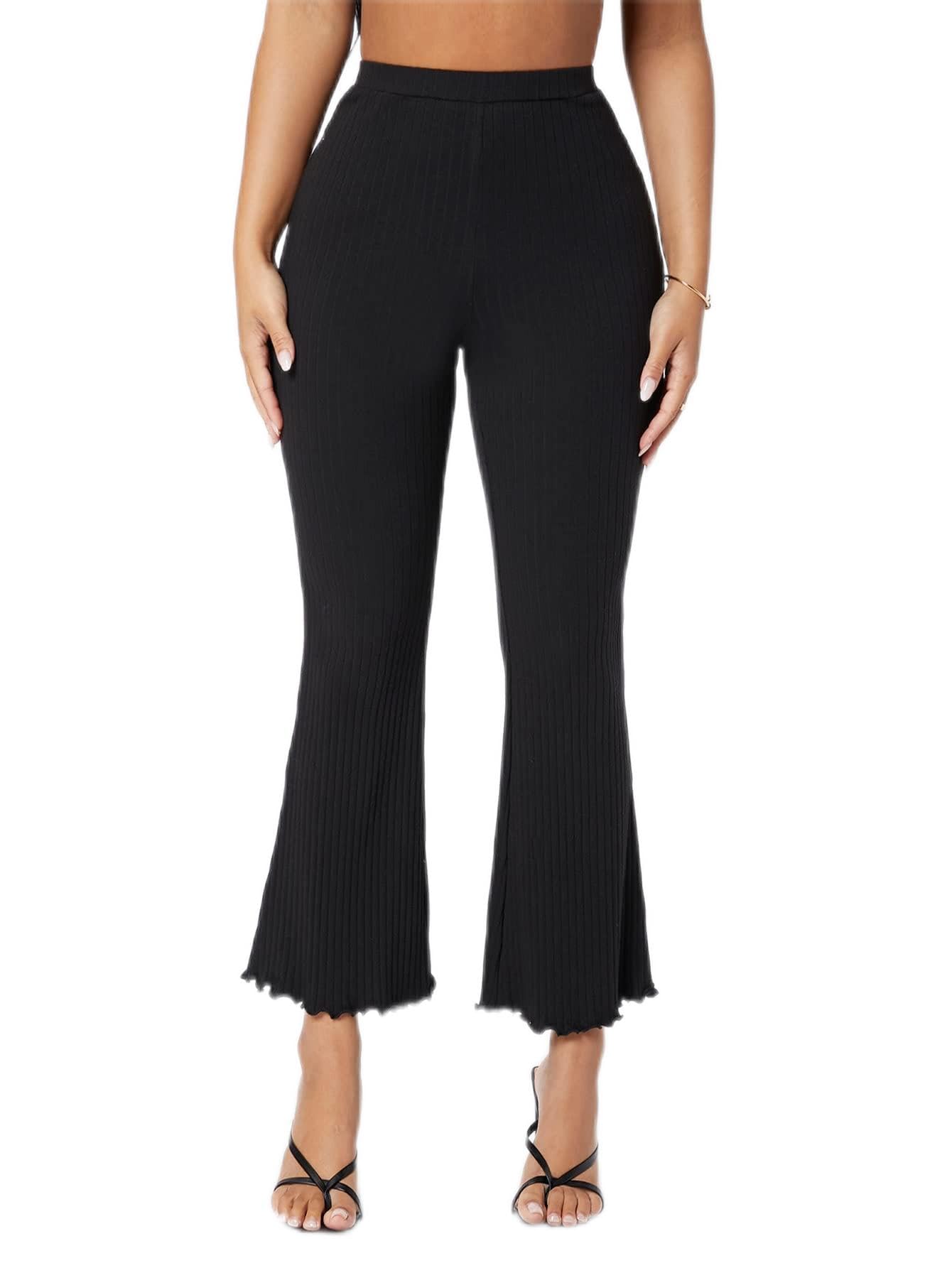 SEIBES Womens Pants Lettuce Trim Rib-Knit Flare Leg Pants Pant for Women
