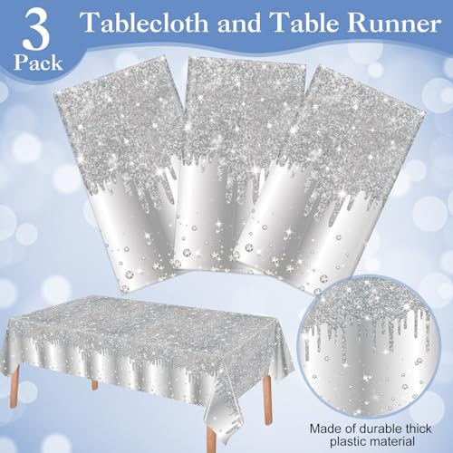 Image of Ganeen 3 Pcs Silver Tablecloths Glitter Diamond Disposable Plastic Table Cover Sequin Printed Rectangle Tablecloths for Girl Women Birthday Wedding Party Decor Supplies, 54 x 108 Inch