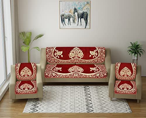 Image of Velvet Sofa Cover Set of 5 Seater - Premium Sofa Covers 3 Seater and 2 Seater Full Cover Set for Couch Seat - Heavy Fabric Sofa Slip Protector with Back Covers, 2701 Maroon