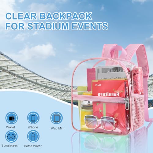 Image of Busiuw Clear Backpack for Stadium Events 12x12x6 Mini Small Sports Fan Backpacks with Front Pocket for Concert Sport Events Work Travel(Pink)