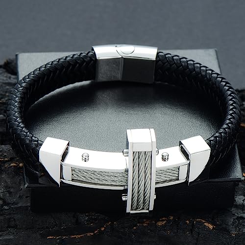 Mens Crucifix Braid Bracelet Cross Leather Cuff Bangle Bracelet with Stainless Steel Clasp Wristband Jewerly Birthday Gifts for Dad Husband Boyfriend Brother Son2