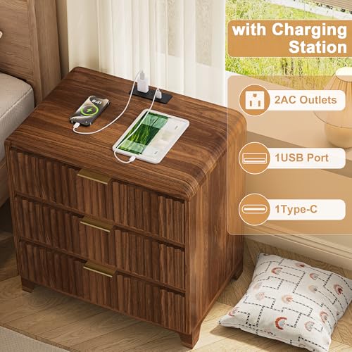 Image of Walnut Nightstand Set of 2 with Charging Station, Fluted Wood Bedside Table with 3 Drawers, 24 Inch Modern Night Stand End Table for Bedroom, Walnut Brown