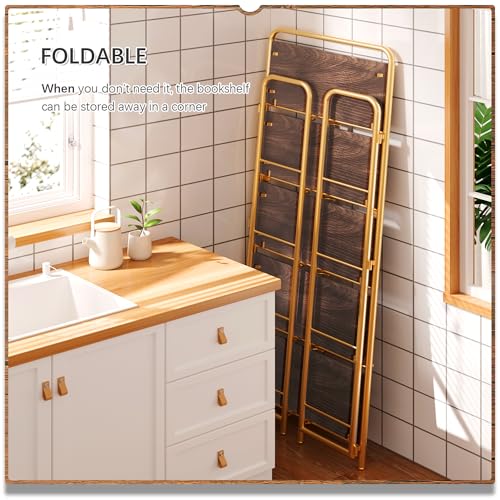 Image of 4NM No Assembly Folding Bookshelf, 5 Tiers Collapsible Book Shelves Open Industrial Foldable Storage Bookcase Shelf for Bedroom, Living Room, Home Office - Brown and Gold