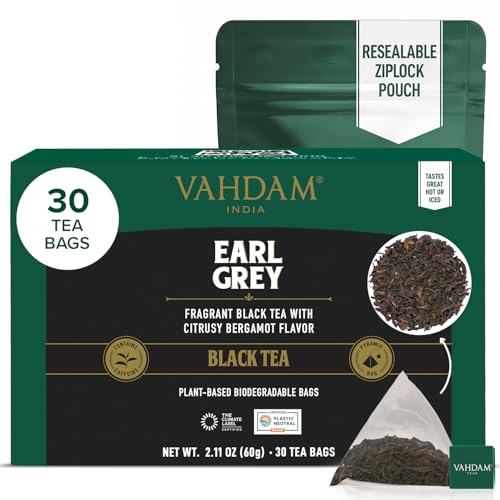 Image of VAHDAM, Earl Grey Black Tea Bags (30 Count) Medium Caffeine, Non GMO, Gluten Free | Citrus Bergamot & Smooth | Resealable Ziplock Pouch | Individually Wrapped | Plant Based Tea Bags