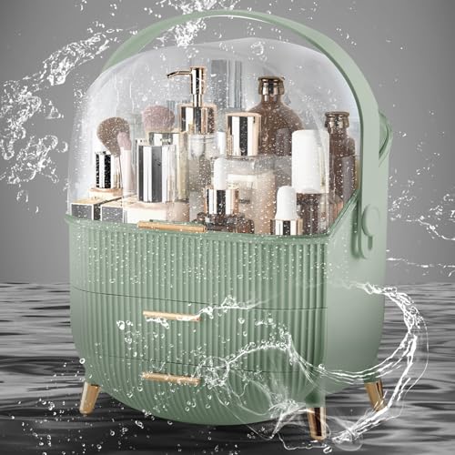 Image of Makeup Organizer for Vanity, Large Capacity Skincare Cosmetic Organizer Countertop with 2 Drawers, Cosmetic Display Cases Makeup Storage Box for Bedroom, Bathroom, Ideal Gifts for Women(Green)