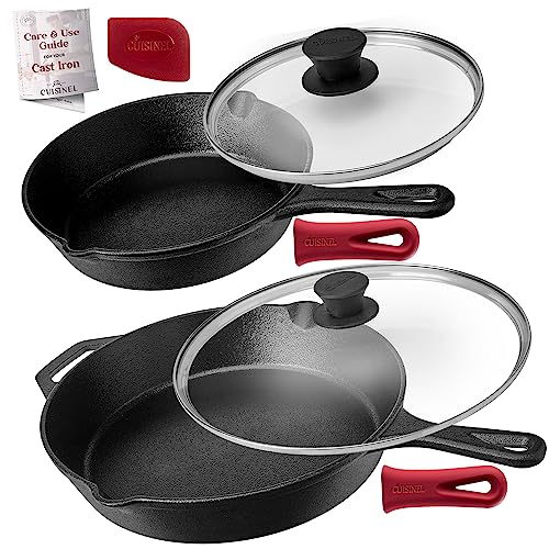 Image of Cuisinel Cast Iron Skillet Set - 8 inch + 12 inch-Inch Frying Pan + Glass Lids - Pre-Seasoned Cookware - Heat-Resistant Holders - Indoor /Outdoor Use - Camping, Grill, Stove, BBQ, Firepit, Induction, Oven Safe