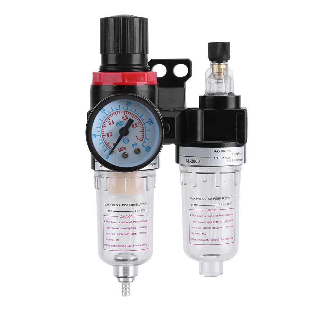 Nikou Black 1/4" Air Compressor, Air Filter Regulator Compressor In Line Twin Air Filter Source Treatment With Regulator Trap Lubricator Water Pressure Compressor Moisture Trap Oil Separator