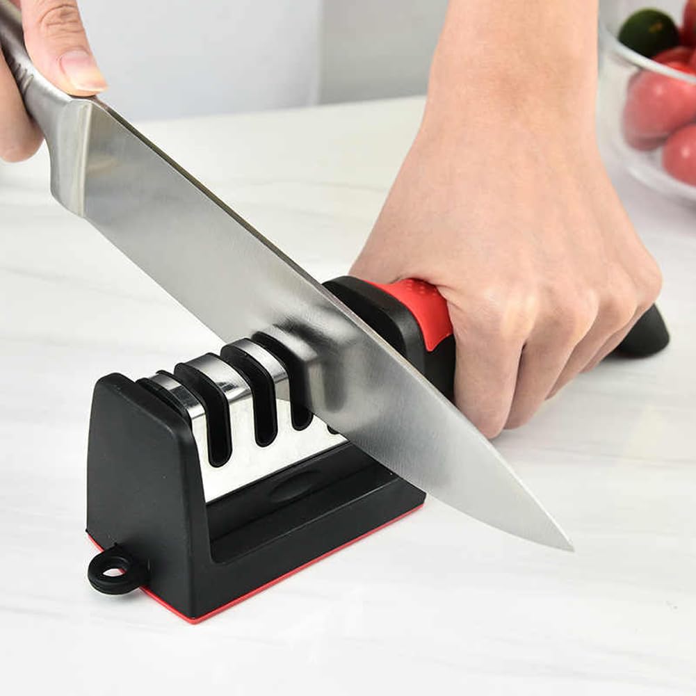 Knife Sharpener 4-in-1 Manual Sharpeners Ergonomic Handle and Non-slip Base Safe Sharpening Tool Helps Repair Restore Polish Blades