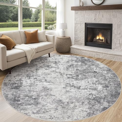8ft Round Area Rug Living Room Rugs - 8x8 Washable Neutral Modern Abstract Soft Thin Rug Indoor Floor No Slip Rug Carpet for Bedroom Under Dining Table Home Office Decor - Grey