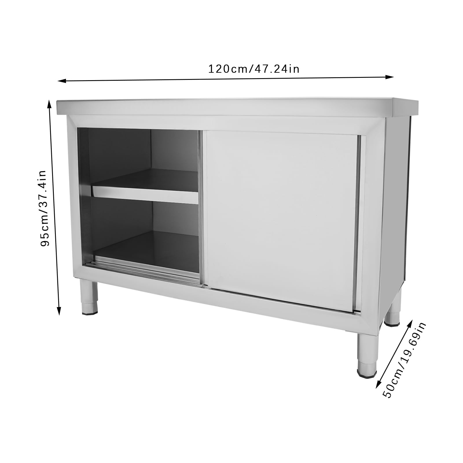 Mesa de trabajo de acero inoxidable, armario de 2 niveles de acero inoxidable con estante inferior y puertas correderas, mesa de cocina, banco de trabajo, encimera para cocinas, hoteles,