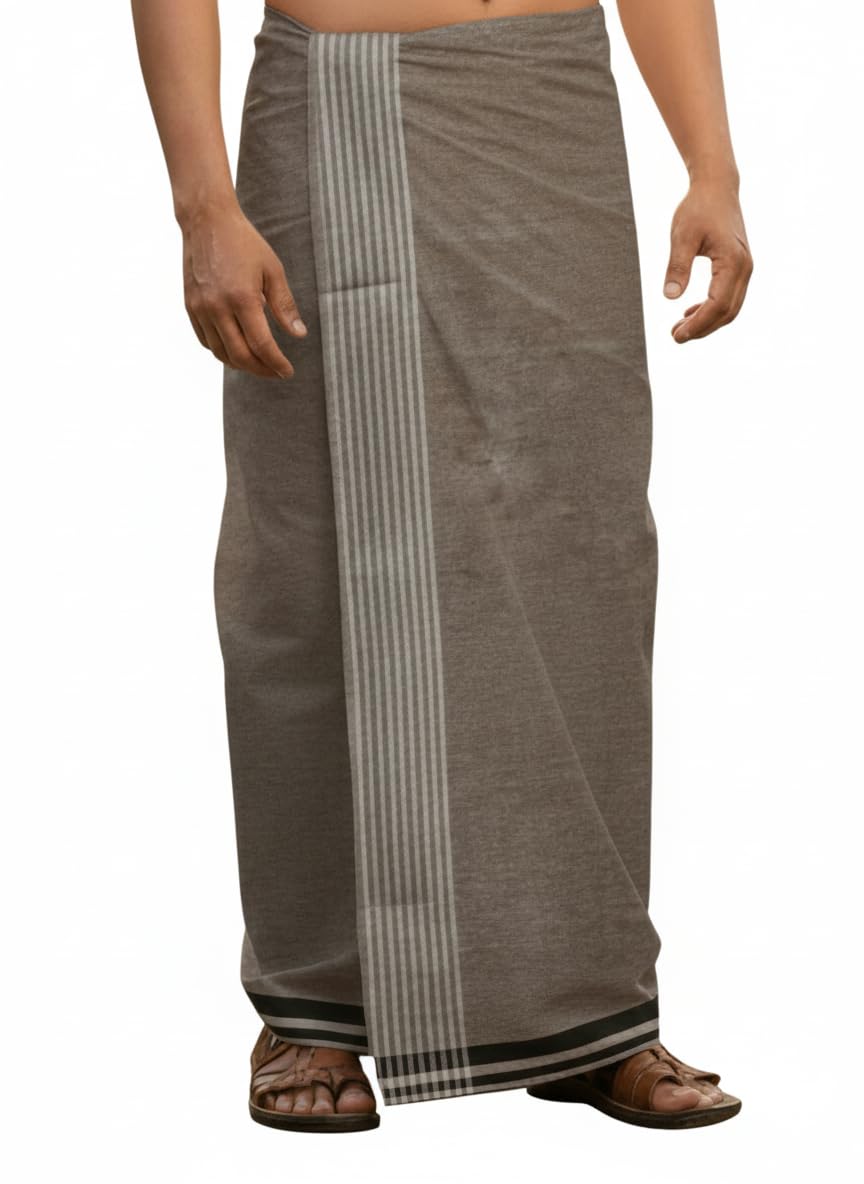 Sharan Elegance Cotton Men's Kerala Style Cotton Dhoti Single size -1.9 meters Set White with Brown Stripes Set-1-picture-11
