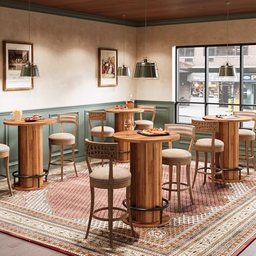 Image of Tribesigns Round Dining Table, Bar Height Commercial Kitchen Table with Wood Strip Base and Footrest, for Dining Room, Restaurant, Cafe, Bakery, School, Apartment, Walnut Brown (Only Table)