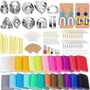 Polymer Clay Earrings Making Kit with 32pcs Polymer Clay Cutters, 24pcs Oven Bake Clay, 30 Set Earring Rings&Hooks, Modeling Clay Jewelry Making Kit for Teen Girls