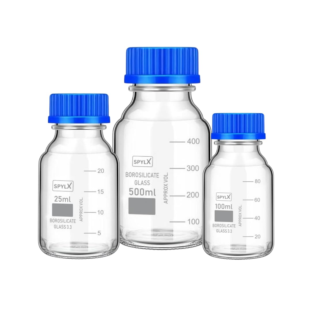 borosilicate glass 3.3 measuring reagent bottle 25ml, 100ml & 500ml with blue screw cap lab, pack of 2 for laboratory and professional use