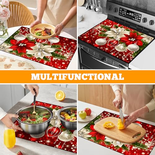 Image of Christmas Multi-Design Stove Cover for Glass /Electric Stoves - 3-in-1 Heat-Resistant Protector Mat, Non-Slip Drying Rack 28 inchx20 inch
