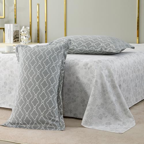 Image of Story@Home Luxe 400 TC Sateen Weave 100% Cotton Bedsheet King 108 x 108 Inches Floral Printed Soft Flat Sheet with 2 Pillow Covers 18 x 27 Inch -White & Grey-Gift Packaging