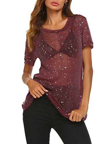 Qearal Women's Sexy Mesh Sheer See Through Short Sleeve T-Shirt Top Tee M Wine Red