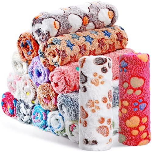 18 pcs Fleece Pet Blanket Soft Warm Sleep Mat Fluffy Cute Puppy Supplies Cute Paw Bone Star Elephant Dot Heart Print Design Dog Bed Blankets for Dog Cat Kitten Doggy and Animals, 15.75 x 23.6 Inch