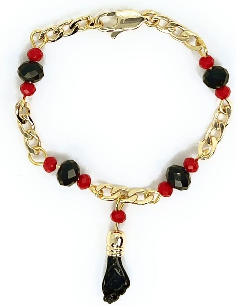 14KT GP BLACK HAND LUCKY CHARM EVIL EYE BRACELETE 5" - AZABACHE MAL DE OJOS BRAZALETE DE 5"