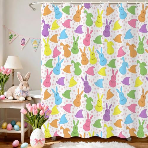 GCIREC Easter Shower Curtain Spring Cute Colorful Easter Bunny Bathroom Curtai Home Bathtub Decor Waterproof Fabric Machine Washable with 12 Hooks 72 Wx72 L