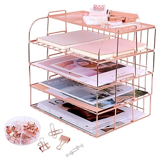 Rose Gold Desk Organizer, 4 Tier Paper Organizers for Office Stackable Letter Tray with Binder Clips, Paper Clips and Push Pins(Rose Gold)