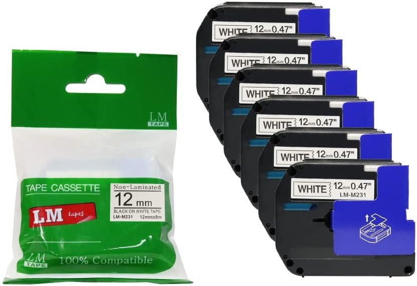 6/Pack LM Tapes - Premium Compatible 1/2" (12mm) Black on White M Series P-Touch Tape, Replaces M231