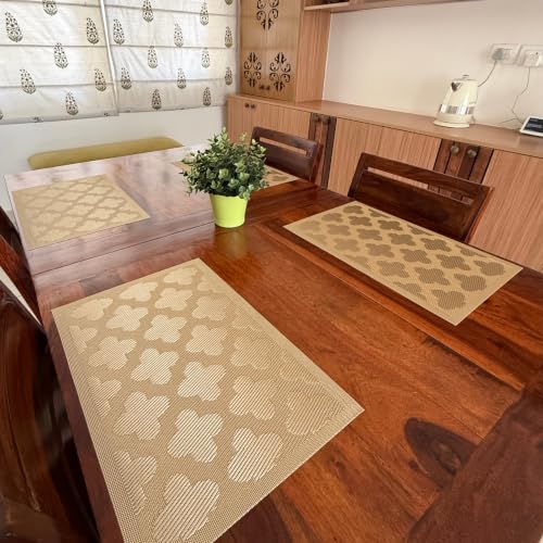 Image of Livmodern Premium Dining Table Mats for 6 Seater | Woven PVC Placemats | Anti Skid & Moderate Heat Resistant | Washable & Wipeable Set of 6 - Golden Clover