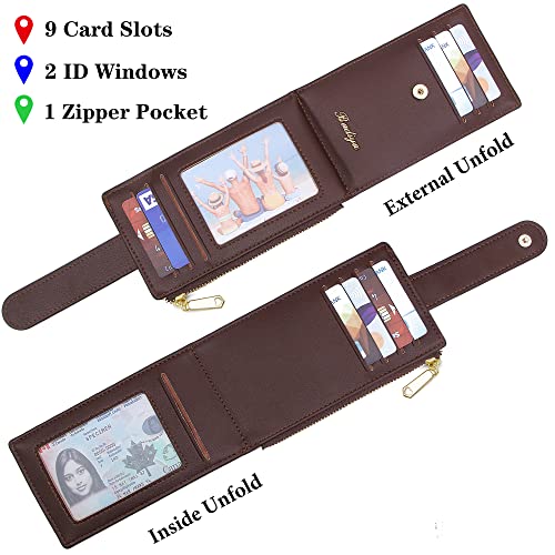 Image of Badiya Slim Women Wallet RFID Blocking Bifold Compact 9 Card Slots Holder Wallets Soft Leather with Zipper Coin Pocket 2 ID Window