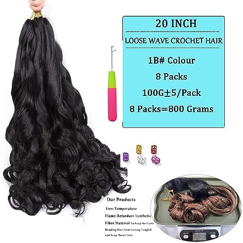 EFFGOCO 8 Packs French Curl Braiding Hair 20 Inch 100g/Pack Black French Curly Braiding Hair Bouncy Spanish Curly Braids Hair Loose Wavy Synthetic Braid Hair Extensions for Women (20Inch, #1B) - 1