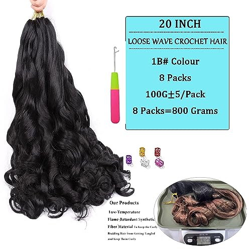 EFFGOCO 8 Packs French Curl Braiding Hair 20 Inch 100g/Pack Black French Curly Braiding Hair Bouncy Spanish Curly Braids Hair Loose Wavy Synthetic Braid Hair Extensions for Women (20Inch, #1B)
