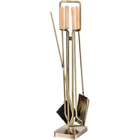Modern Ember Levi 5 Piece Fireplace Tool Set in Aged Brass with Maple Wood Handles | Includes Brush, Shovel, Fire Poker, Tongs, and Stand | Heavy-Duty Steel | Heat-Resistant Powder Coating