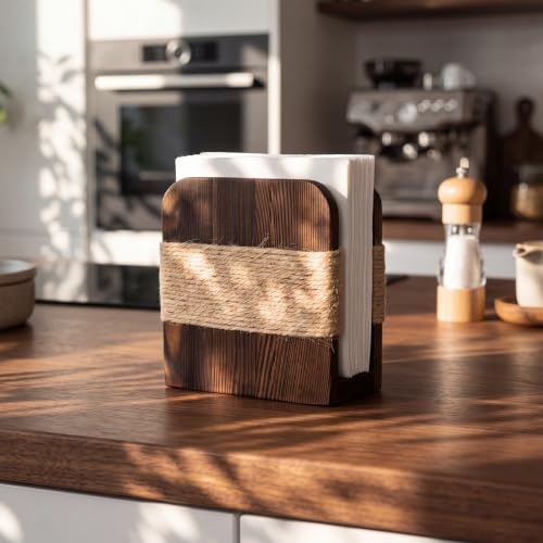 Image of Natural Wooden Napkin Holder, Farmhouse Style, Brown
