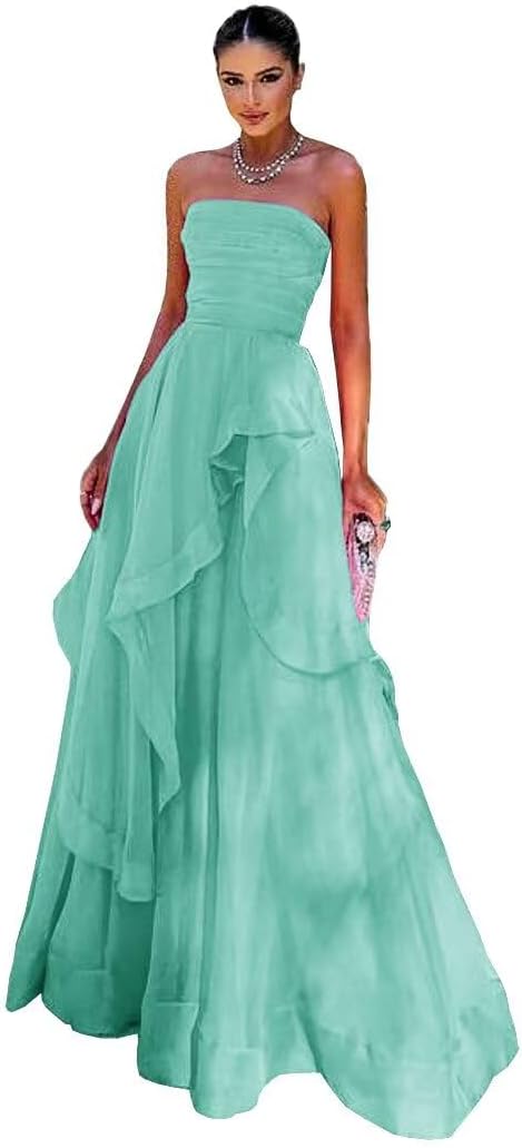 Ruffle Long Ball Gowns for Women Formal A-Line Strapless Bridesmaid Dress 2026 Tiered Tulle Prom Party Gowns DR0181 DR