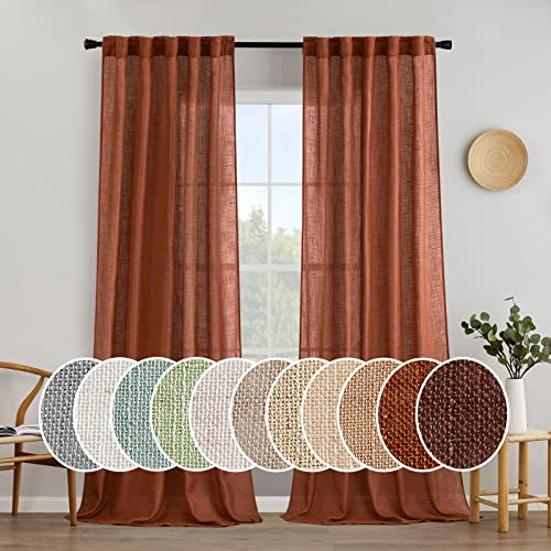 MIULEE Burnt Orange Linen Curtains 120 Inches Long for Living Room, Soft Thick Linen Textured Window Drapes Terracotta Rust Fall Decor Semi Sheer Light Filtering Rod Pocket Back Tab, 2 Panels 10 Ft
