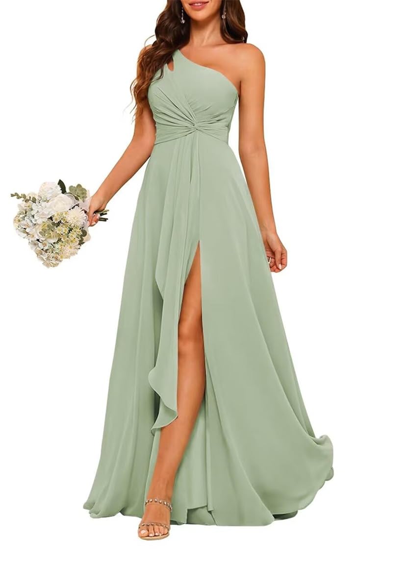 Yiann Women's Sage Green One Shoulder Formal Dresses For With Slit Bridesmaid Dress Long Chiffon Wedding Guest Gown Uk26