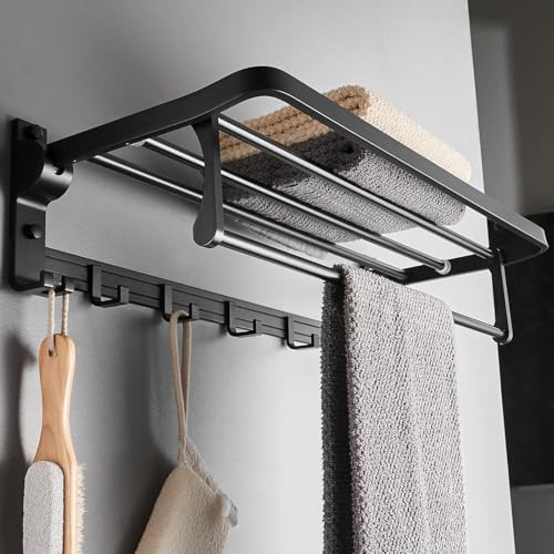 Image of Towel Holder in Bathroom Towel Hanger for Wall Bathroom Towel Rack with Towel Bar and Hooks 60cm Foldable Towel Rod Wall Mounted Lavatory Towel Stand Black Finish