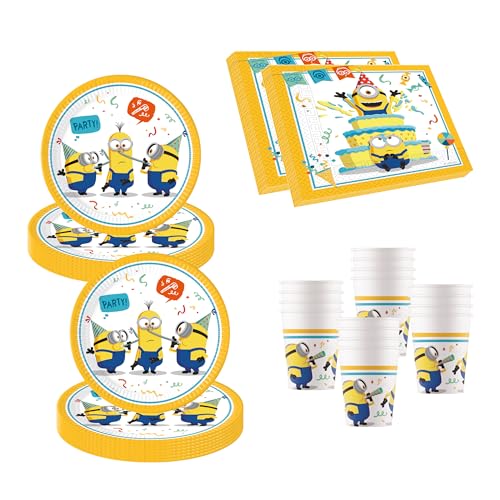 Procos 10137423 – Set de fête S Minions : Rise of Gru – Lot de 52 pièces – 16 assiettes, 16 gobelets, 20 serviettes, vaisselle jetable, vaisselle de fête,...