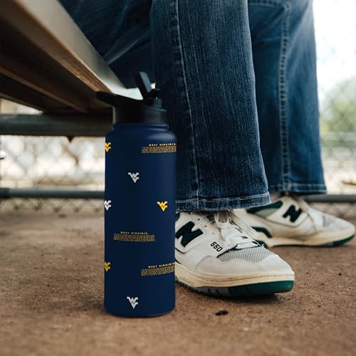 Image of Logo Brands NCAA West Virginia Mountaineers Step & Repeat 34 oz Stainless Steel Quencher Bottle - All Over Logo Design, No-Spill Lid, Easy Carry Handle - Keeps Drinks Cold For Hours