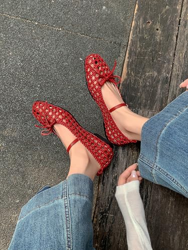 Women's Woven Bow Ballet Flats Fishnet Ballerina Flats Wide Width Mesh Mary Jane3