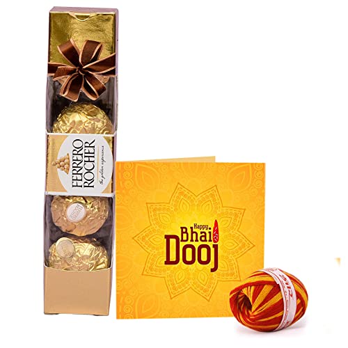 Image of TIED RIBBONS Bhai Dooj Gift Set for Brother with Chocolate - Ferrero Rocher Chocolates with Greeting Card and Kalawa Moli Roli Chawal Tika Hamper Pack