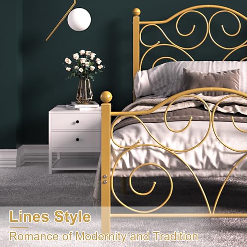 Image of VECELO Twin Size Bed Frame with Headboard and Footboard, Heavy Duty Metal Slat Support, Platform Mattress Foundation, No Box Spring Needed, Easy Assembly, Gold
