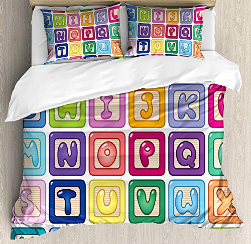 Ambesonne Cartoon Activity Duvet Cover Set, Colorful English Alphabet Blocks Balloon Letter Design, Decorative 3 Piece Bedding Set with 2 Pillow Shams, Queen Size, Pink Cream