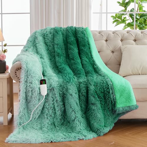 RUJIPO Heated Electric Blanket Faux Fur Twin Size with Fluffy Sherpa Back, Warming Plush Blanket Gift Soft Heating Blankets with 10 Heat Settings, 5 Time Settings, ETL 62