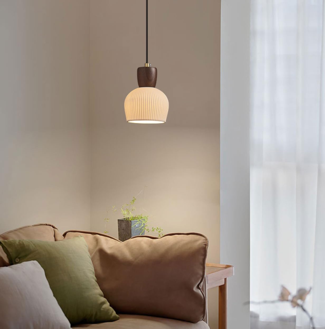 White Ceramic Pendant Light Cylinder Shaped Modern Walnut Wood Hanging Light Ribbed Glass Pendant Lamp Nordic Light Fixture Mini Pendant Lighting for Kitchen Island